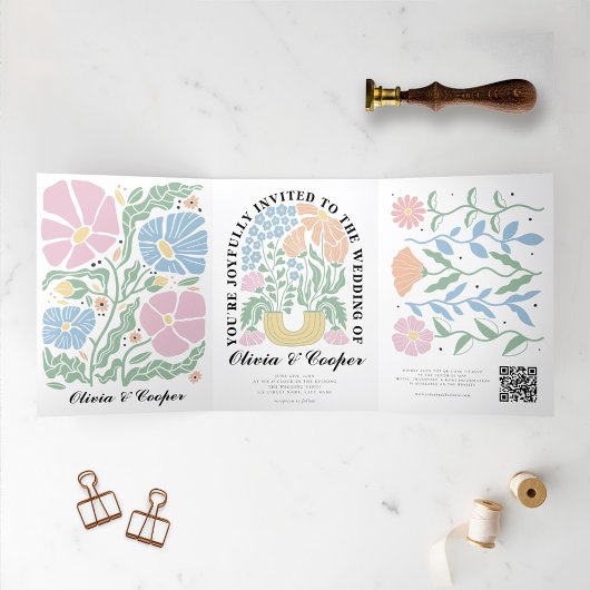 Abstracte Heldere Kleurrijke Bloemen Wedding Detai Drieluik Uitnodiging