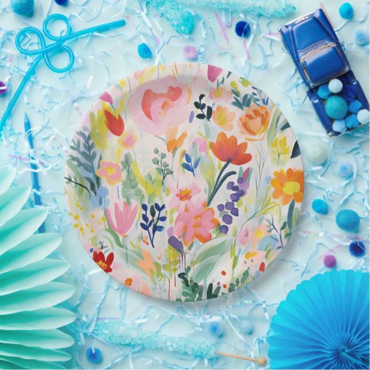 Abstracte heldere kleurrijke bloemenillustratie papieren bordje (Feest)