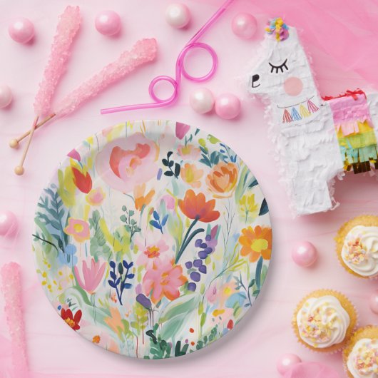Abstracte heldere kleurrijke bloemenillustratie papieren bordje (Feest)