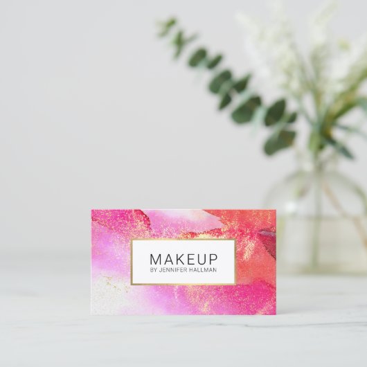 Abstracte helderroze Waterverf Faux Gold Dust Visitekaartje (Staand voorkant)