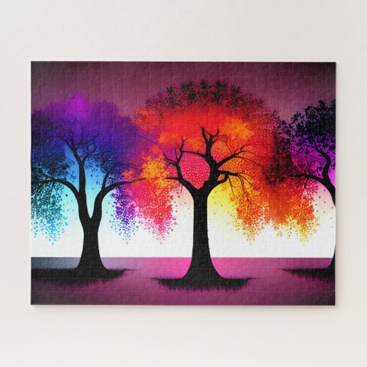 Abstracte herfstkleuren met zwarte silhouetbomen legpuzzel (Horizontaal)