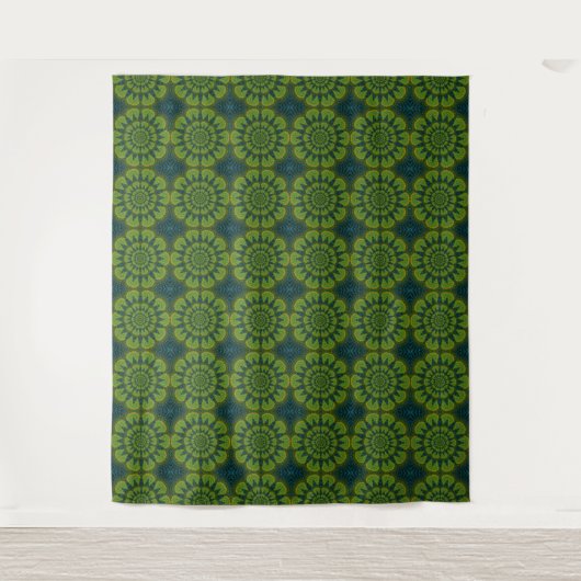 Abstracte Hippie Green & Navy Blue Flowers Ethnic Wandkleed (Voorkant)