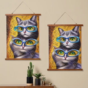 Abstracte Hippie Joined Cats Wearing Glasses Hangend Wandkleed