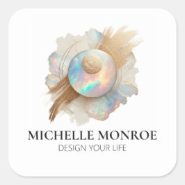 Abstracte Holografische Opal met Gouden Brushstrok Vierkante Sticker