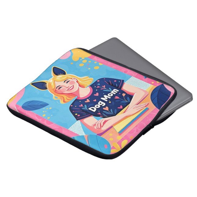Abstracte hondenmoeder in roze blauw laptop sleeve (Voorkant top)