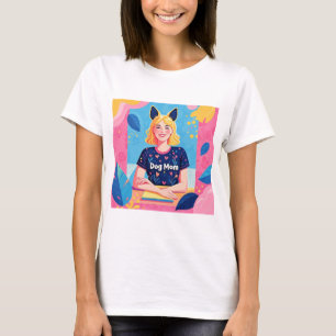 Abstracte hondenmoeder in roze blauw t-shirt