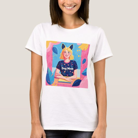 Abstracte hondenmoeder in roze blauw t-shirt (Voorkant)