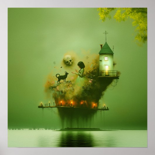 Abstracte Hoorns Cat Green Witchy AI Art Matte Waa Poster (Voorkant)