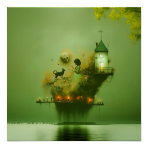 Abstracte hoorns Cat Green Witchy AI Art Semi-Glos Perfect Poster