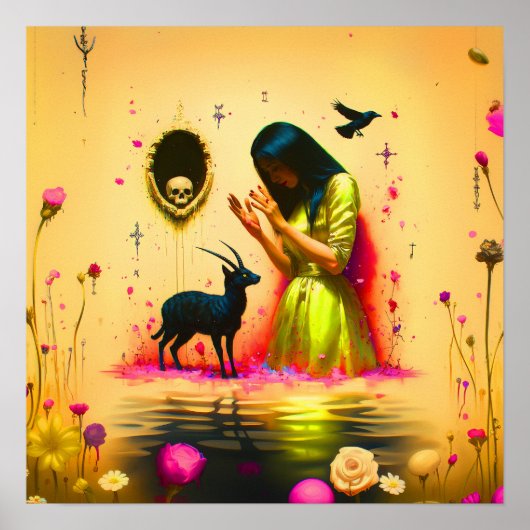 Abstracte Hoorns Kat Schedel Witchy AI Art Matte W Poster (Voorkant)