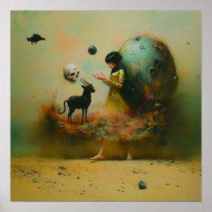 Abstracte Hoorns Kat Schedel Witchy AI Art Matte W Poster