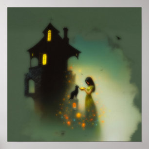 Abstracte Hoorns Kattenhuis Witchy AI Art Matte Va Poster