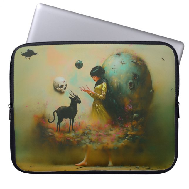 Abstracte Hoorns Kattenschedel Occulte Dark Witchy Laptop Sleeve (Voorkant)