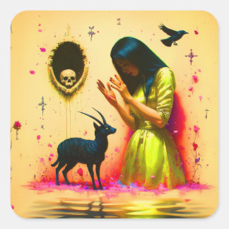 Abstracte Hoorns Kattenschedel Occulte Dark Witchy Vierkante Sticker