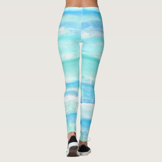 Abstracte horizontale strepen blauw turquoise wit leggings (Achterkant)