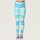 Abstracte horizontale strepen blauw turquoise wit leggings (Voorkant)