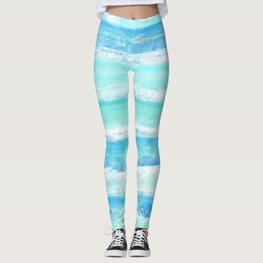 Abstracte horizontale strepen blauw turquoise wit leggings (Voorkant)