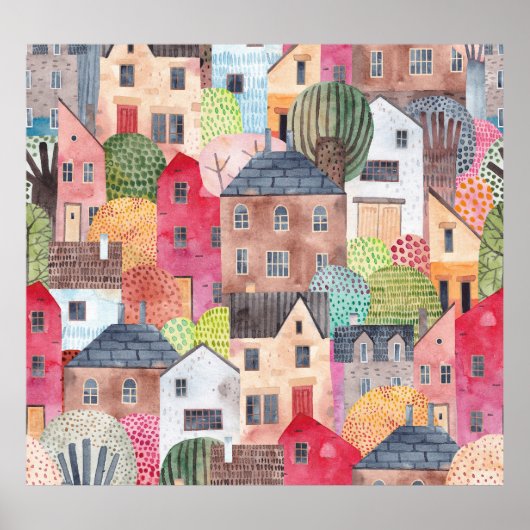 Abstracte huizen: Waterverf naadloze achtergrond. Poster (Voorkant)