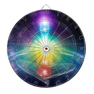 Abstracte humanoïde lotus yoga pose met chakras dartbord