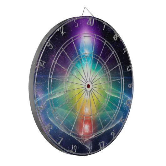 Abstracte humanoïde lotus yoga pose met chakras dartbord (Voorkant Links)