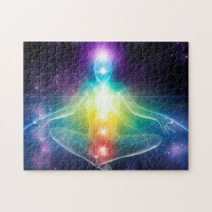 Abstracte humanoïde lotus yoga pose met chakras legpuzzel