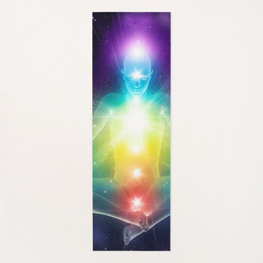 Abstracte humanoïde lotus yoga pose met chakras yogamat (Voorkant)
