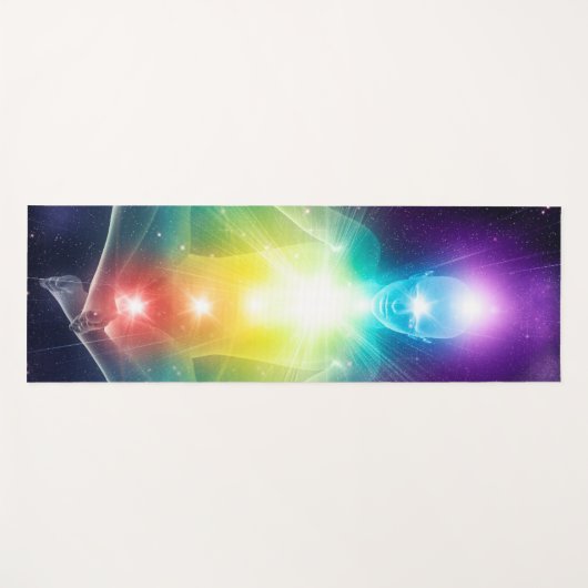 Abstracte humanoïde lotus yoga pose met chakras yogamat (Voorkant (horizontaal))