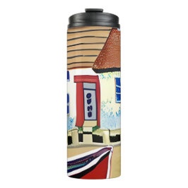 Abstracte illustratie van strandhuis en boot thermosbeker