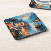 Abstracte impressionistische haven bij zonsonderga bier onderzetter (Linkerzijde)