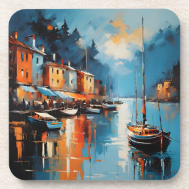 Abstracte impressionistische haven bij zonsonderga bier onderzetter