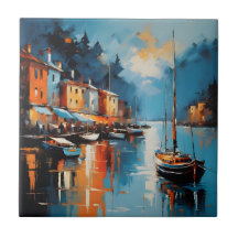 Abstracte impressionistische haven bij zonsonderga