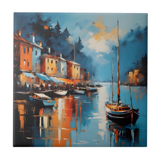 Abstracte impressionistische haven bij zonsonderga tegeltje (Voorkant)