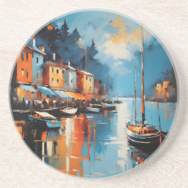 Abstracte impressionistische haven bij zonsonderga zandsteen onderzetter