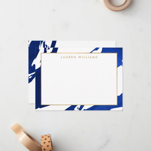 Abstracte Indigo Blauwe Brushstrokes Platte Noteca Notitiekaartje (Voorkant / Achterkant in situ)