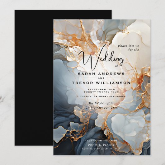 Abstracte Indigo en Gold Invitation Kaart (Voorkant / Achterkant)