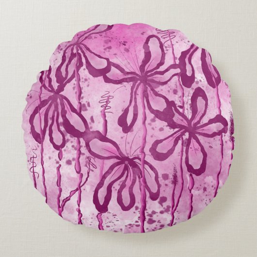 Abstracte Inked Flowers Pink Lelies Rond Kussen (Voorkant)