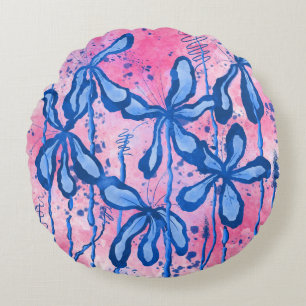 Abstracte Inked Flowers Roze Blauwe Lelies Rond Kussen