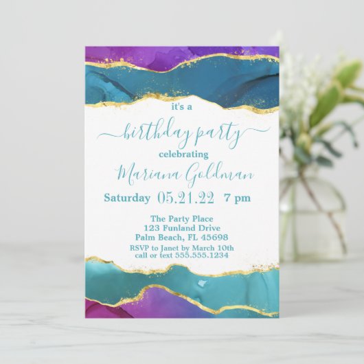 Abstracte inkt Fuchsia roze Blauwgroen goudfeest P Kaart (Staand voorkant)