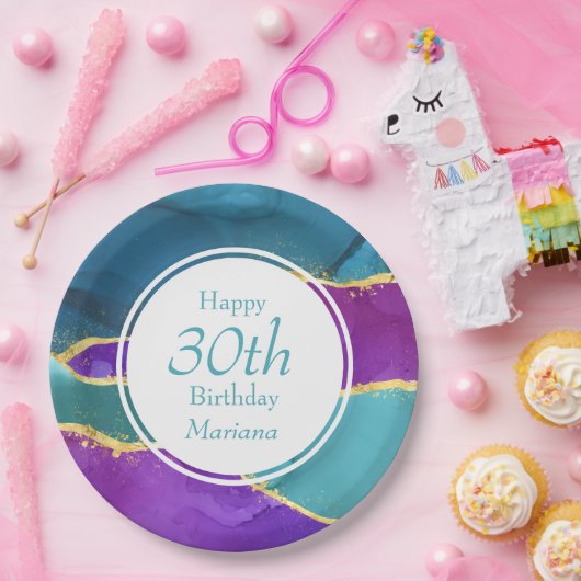 Abstracte inkt Fuchsia roze Blauwgroen goudfeest P Papieren Bordje (Feest)