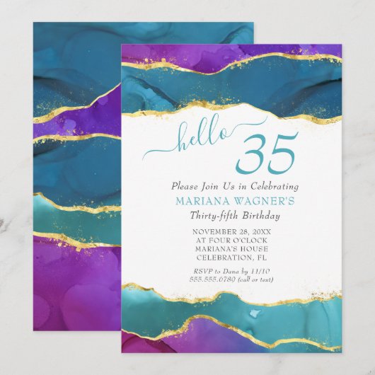 Abstracte inkt fuchsia roze turquoise goud 35e ver kaart (Voorkant / Achterkant)