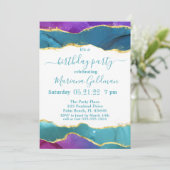 Abstracte inkt fuchsia roze turquoise goud verjaar kaart (Staand voorkant)