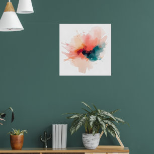 Abstracte Inktbloem Poster Koraal Teal Waterverf