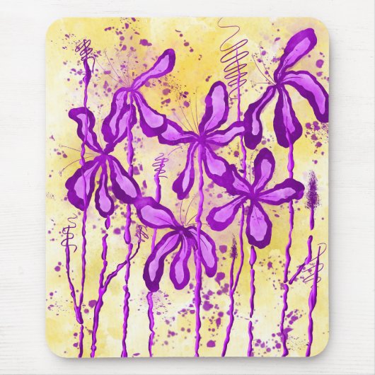 Abstracte Inktbloemen Geel Paarse Muismat (Voorkant)