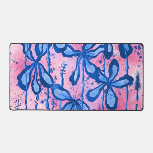 Abstracte inktbloemen roze blauw bureaumat (Voorkant)
