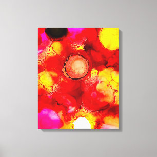 Abstracte inktkunst geel rood en roze canvas afdruk