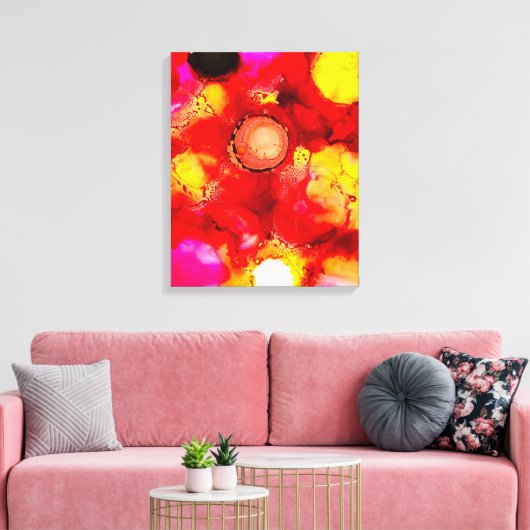 Abstracte inktkunst geel rood en roze canvas afdruk (Insitu (Woonkamer))