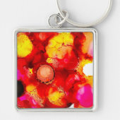 Abstracte inktkunst geel rood en roze sleutelhanger (Voorkant)