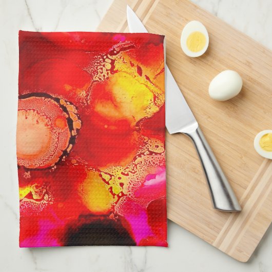 Abstracte inktkunst geel rood en roze theedoek (Quarter Fold)