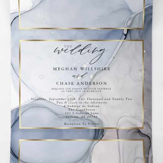 Abstracte inktmosterd blauw moes plum tri-Fold Inv Drieluik Uitnodiging (Binnenkant midden)