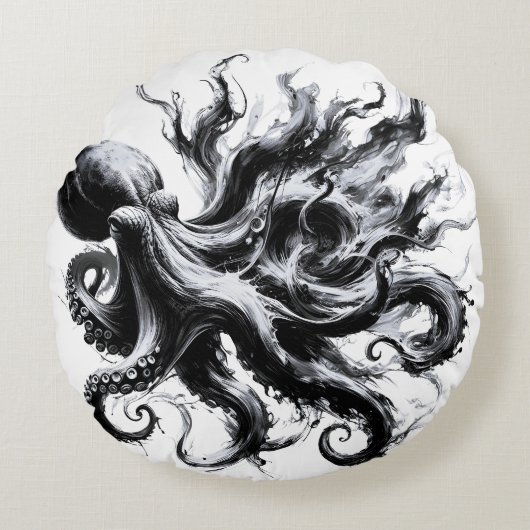 Abstracte inktvloeistof Octopus Kraken Rond Kussen (Voorkant)